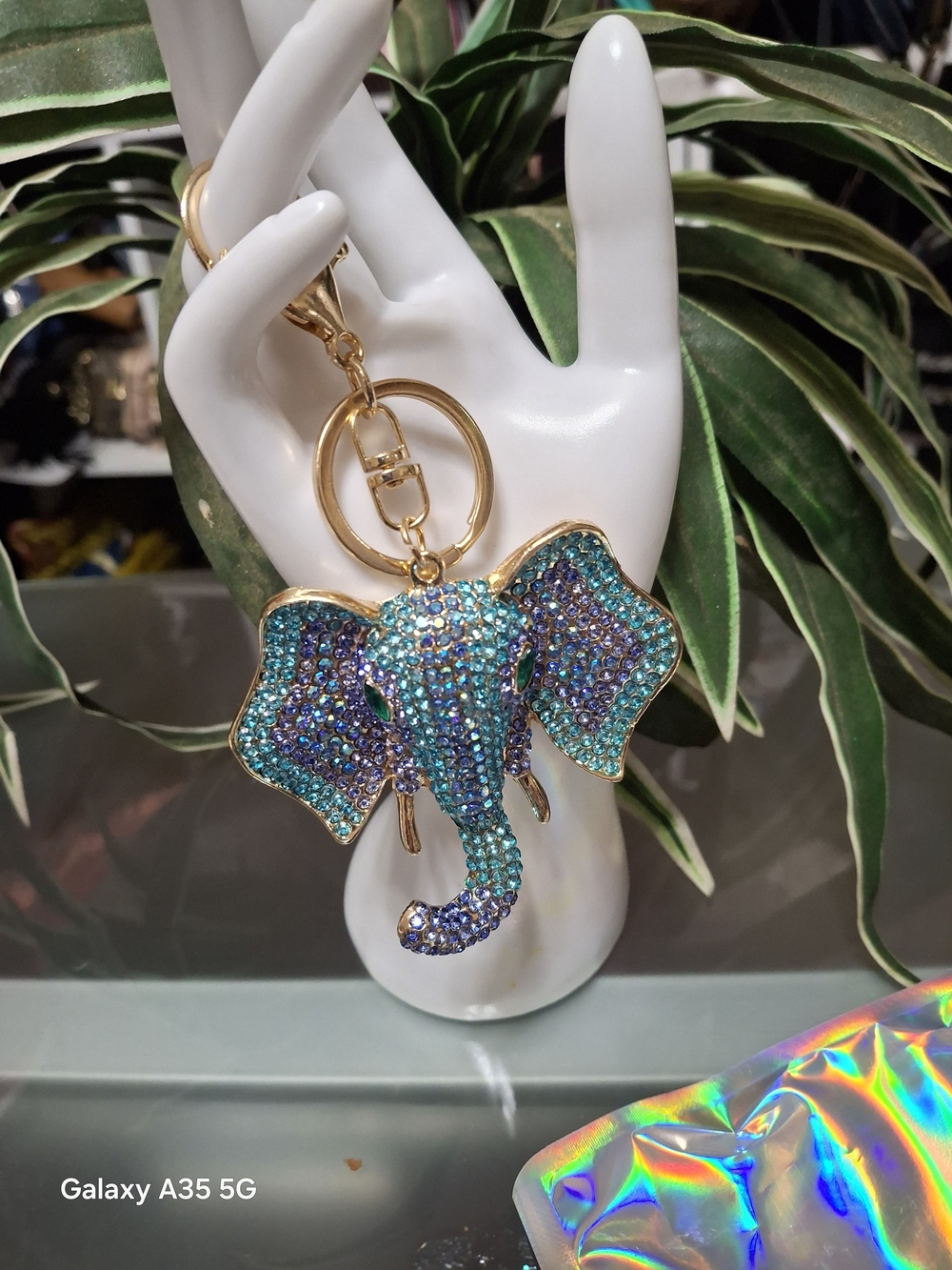 Elephant Gold-Tone Teal Crystal Elephant Bag Charm Keychain - New